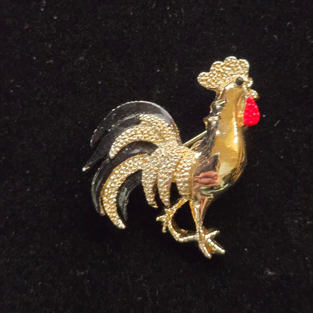 Gerrys OS Rooster Brooch Pin Womens Vintage Gold Tone Enamel Farmcore Aesthetic‎